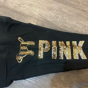 PINK Victoria's Secret Women's Black Leggings with Gold Sequin Logo